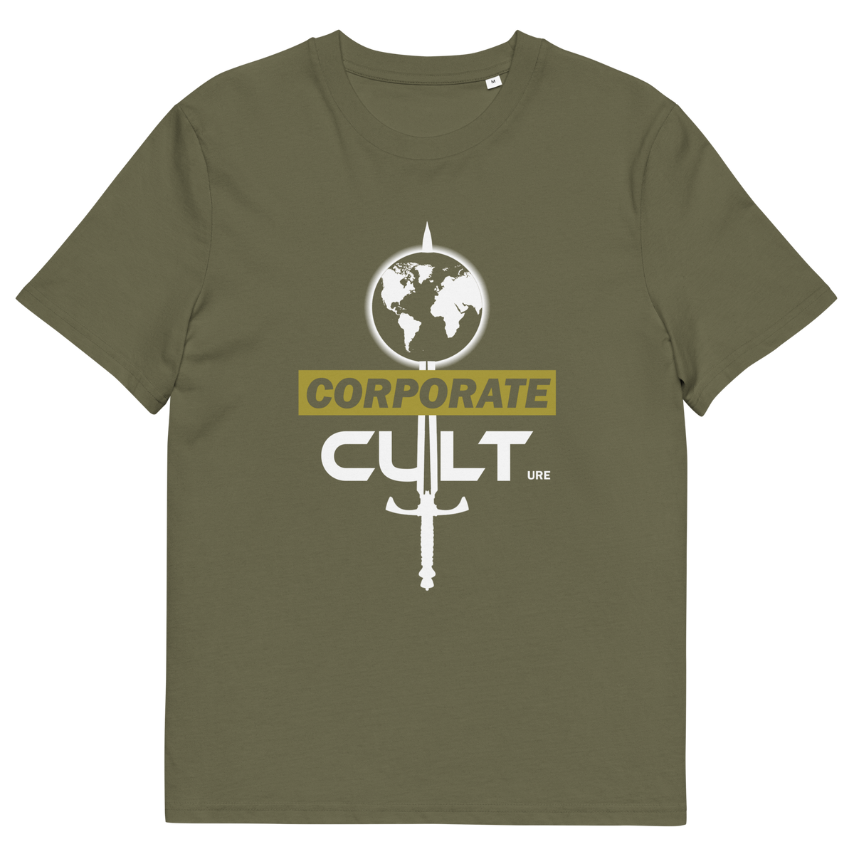 Khaki T-shirt with "CORPORATE CULTure" text.