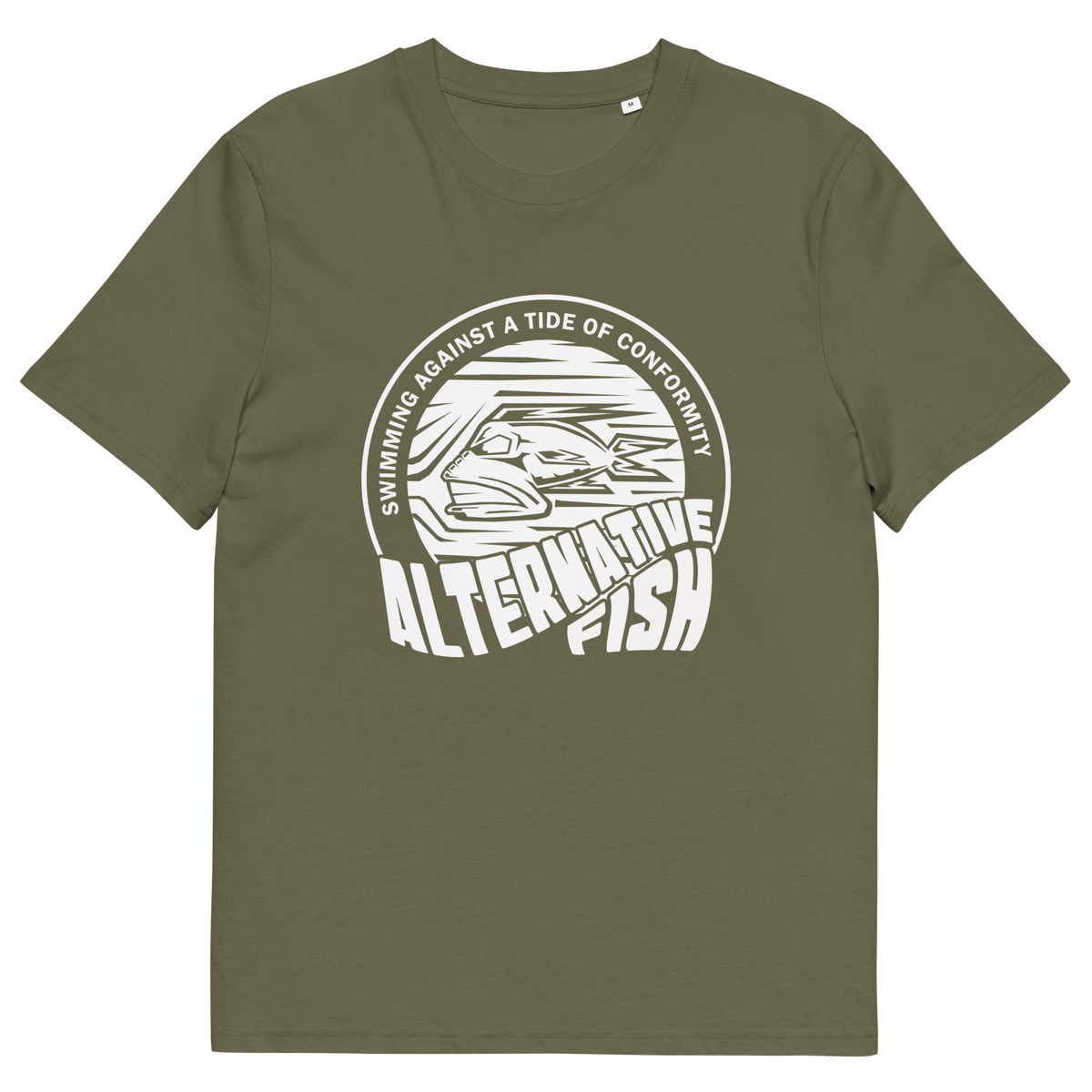 Khaki T-shirt with An "ALTERNATIVE FISH" logo.