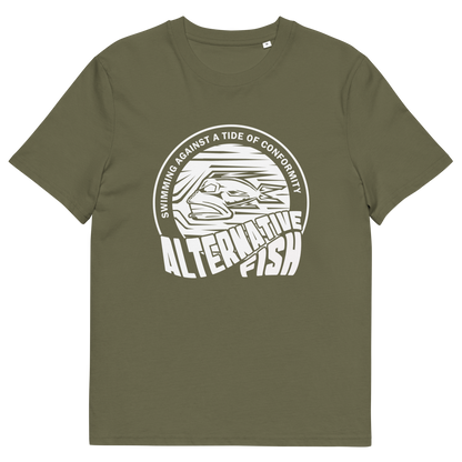 Khaki T-shirt with An "ALTERNATIVE FISH" logo.