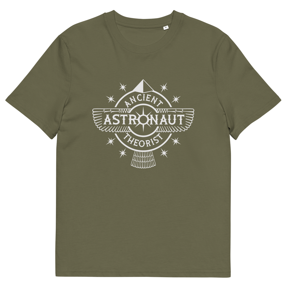 Khaki t-shirt with "ANCIENT ASTRONAUT THEORIST" logo.