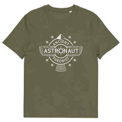 Khaki t-shirt with "ANCIENT ASTRONAUT THEORIST" logo.