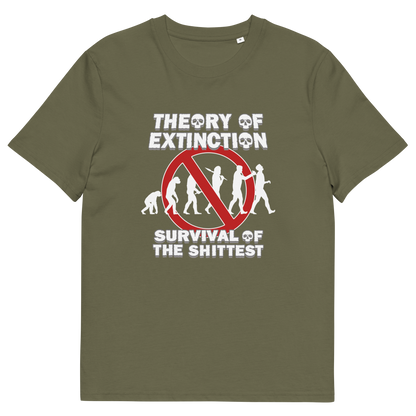Khaki t-shirt with a graphic on the front. The graphic features the text 'THEORY OF EXTINCTION' and 'SURVIVAL OF THE SHITTEST' in white, surrounding a red prohibition sign over white silhouettes of human evolution.