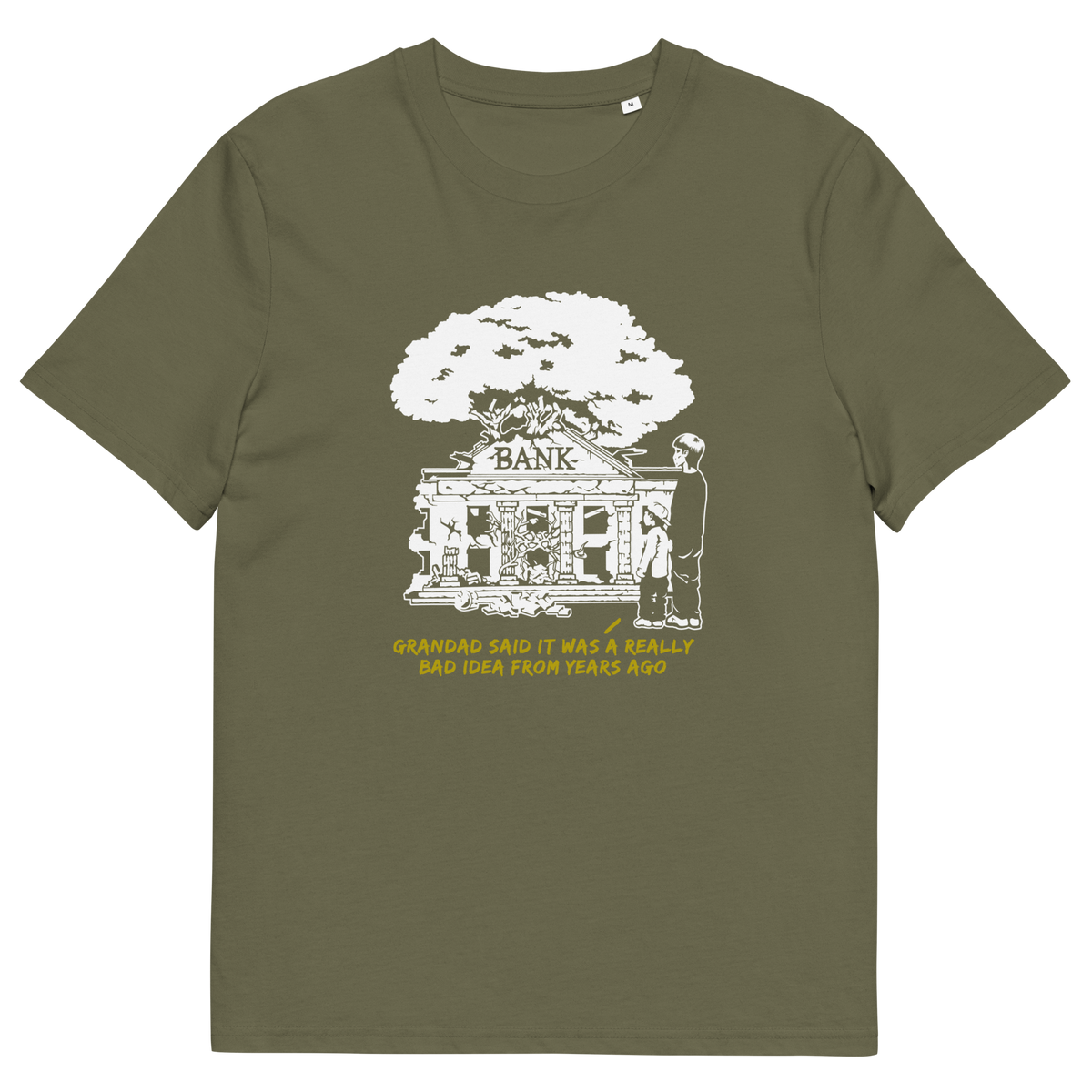 Khaki t-shirt  with a design of a run down Bank.