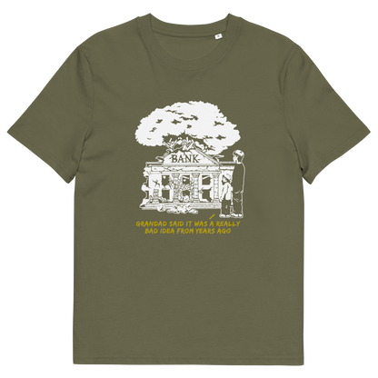 Khaki t-shirt  with a design of a run down Bank.