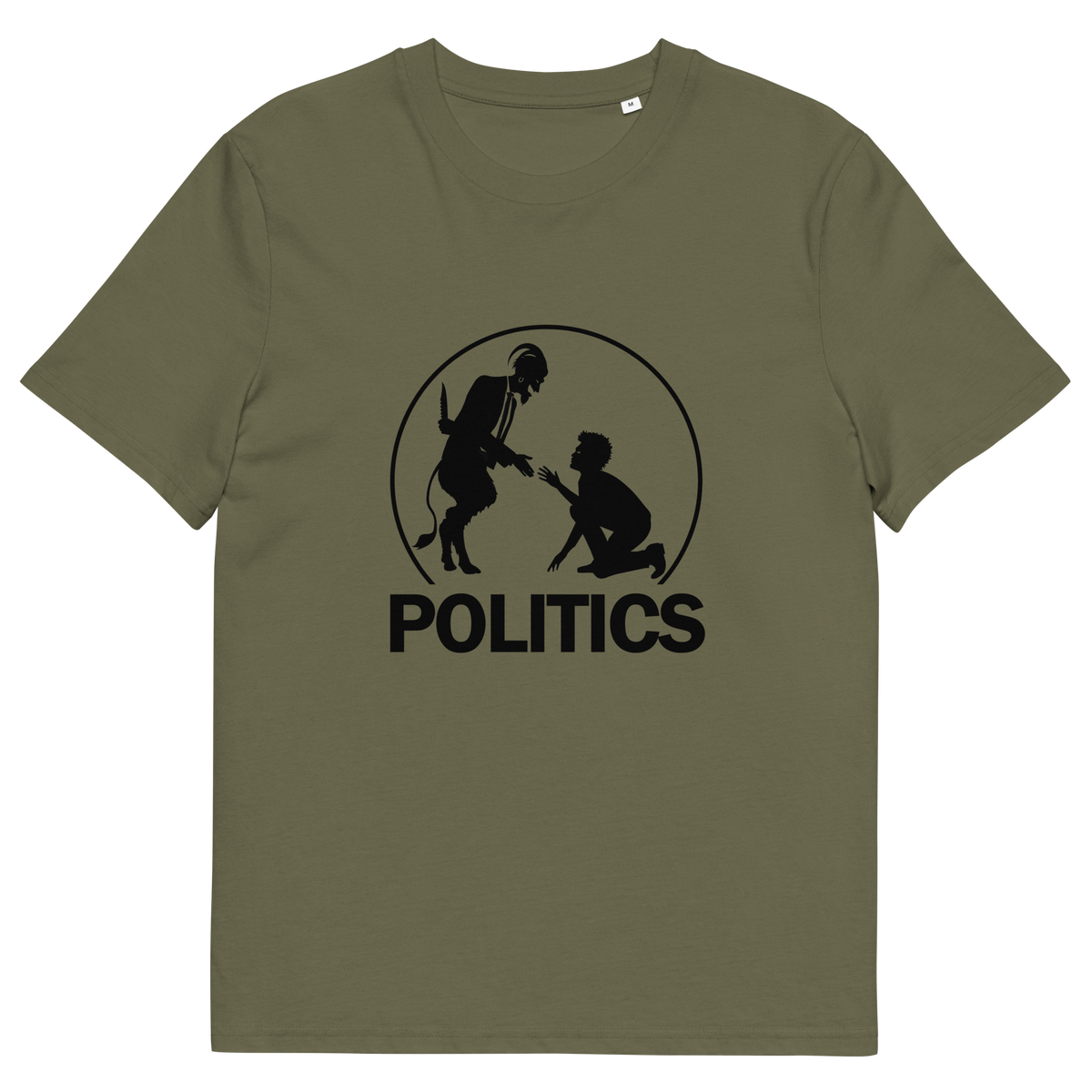 A khaki t-shirt  with a black graphic print on the chest. The graphic features a circular silhouette illustration of a standing figure reaching toward a kneeling figure, with the word 'POLITICS' printed in bold white capital letters underneath.