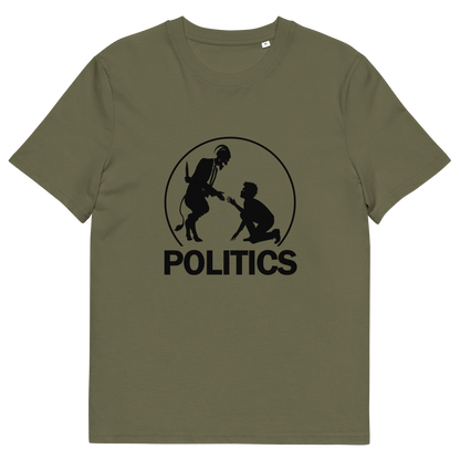 A khaki t-shirt  with a black graphic print on the chest. The graphic features a circular silhouette illustration of a standing figure reaching toward a kneeling figure, with the word 'POLITICS' printed in bold white capital letters underneath.