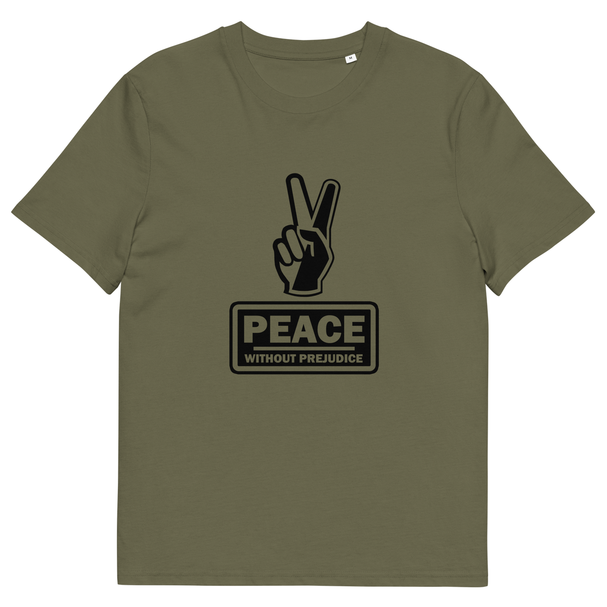 A khaki T-shirt with a black printed peace sign and "Peace without prejudice" written underneath.