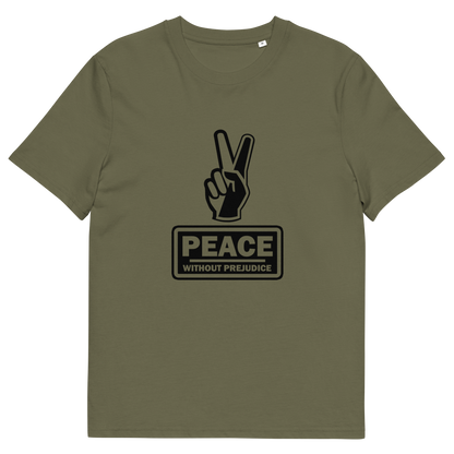 A khaki T-shirt with a black printed peace sign and "Peace without prejudice" written underneath.
