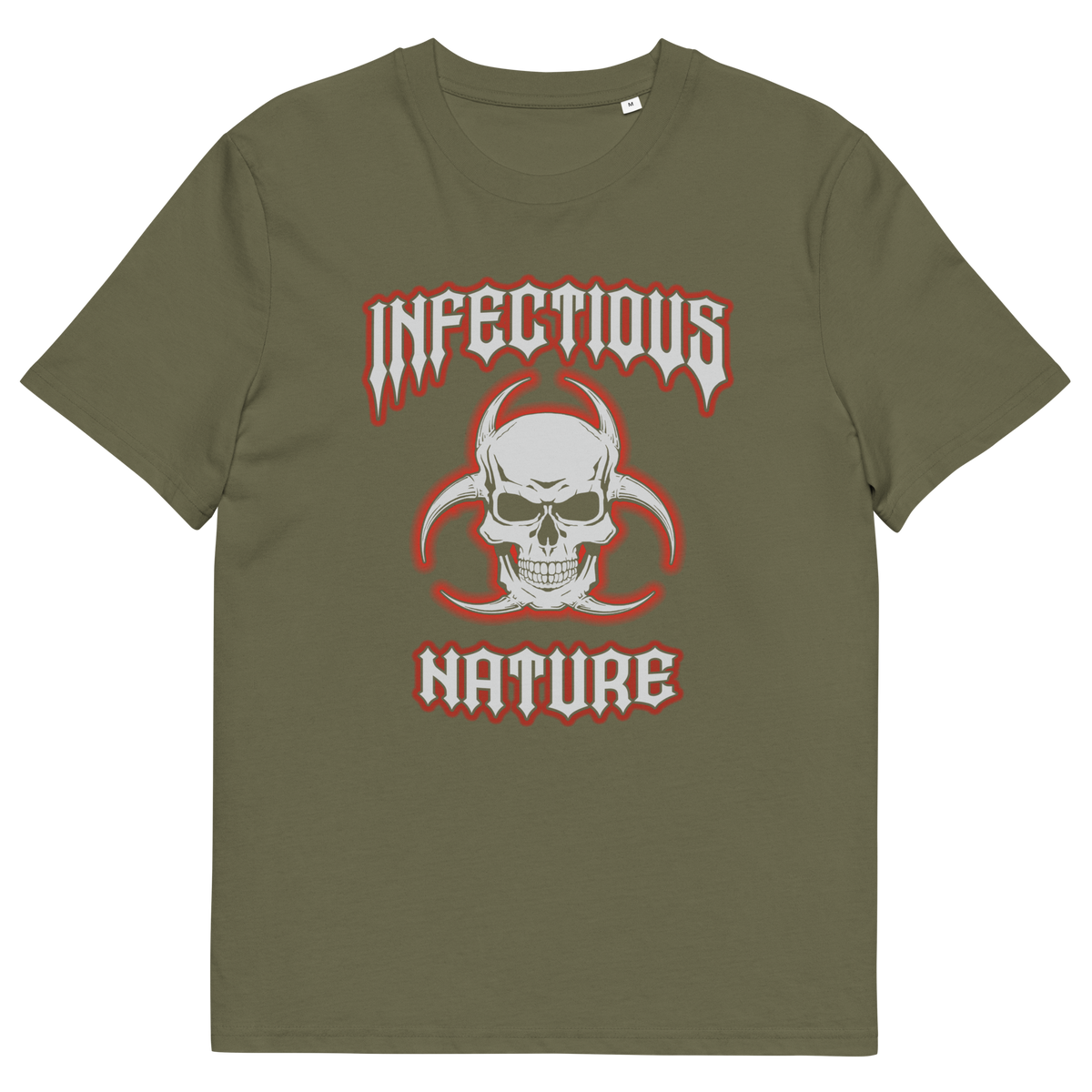 A khaki t-shirt with a skull and biohazard logo and "INFECTIOUS NATURE" text.