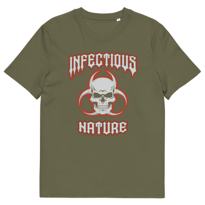 A khaki t-shirt with a skull and biohazard logo and "INFECTIOUS NATURE" text.