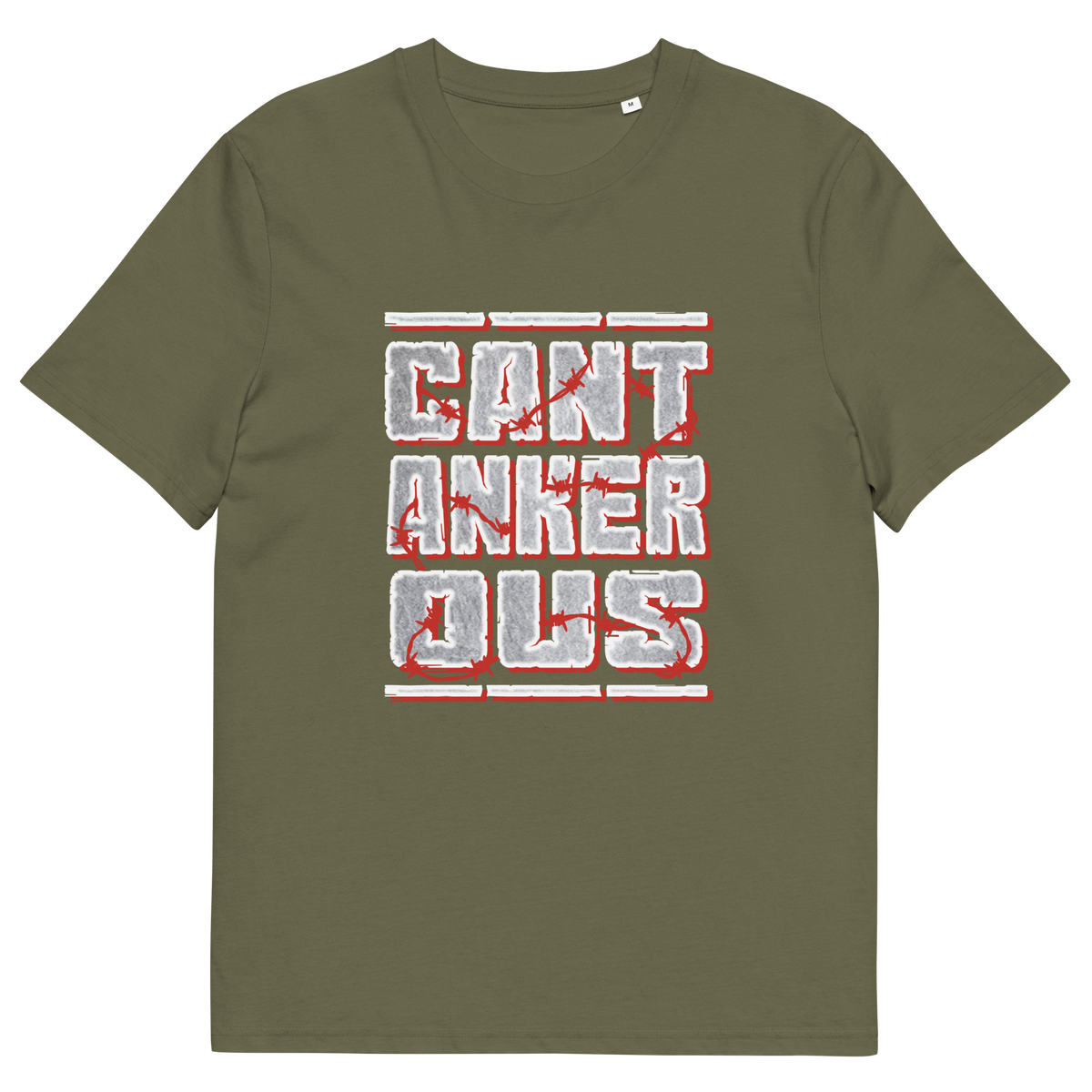 A khaki t-shirt with a "CANTANKEROUS" logo.