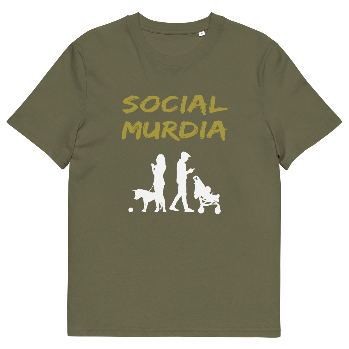 A khaki t-shirt with a silhouette of two people on the phone while ignoring a dog and a baby and the text "SOCIAL MURDIA".