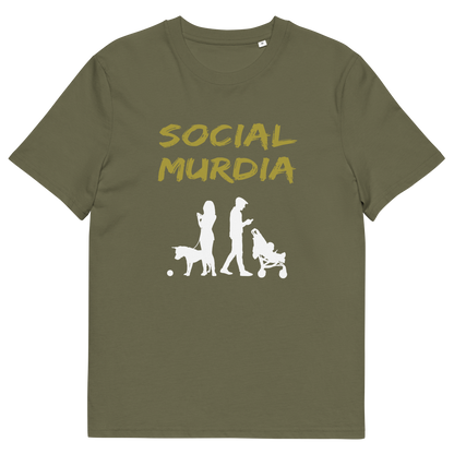 A khaki t-shirt with a silhouette of two people on the phone while ignoring a dog and a baby and the text "SOCIAL MURDIA".