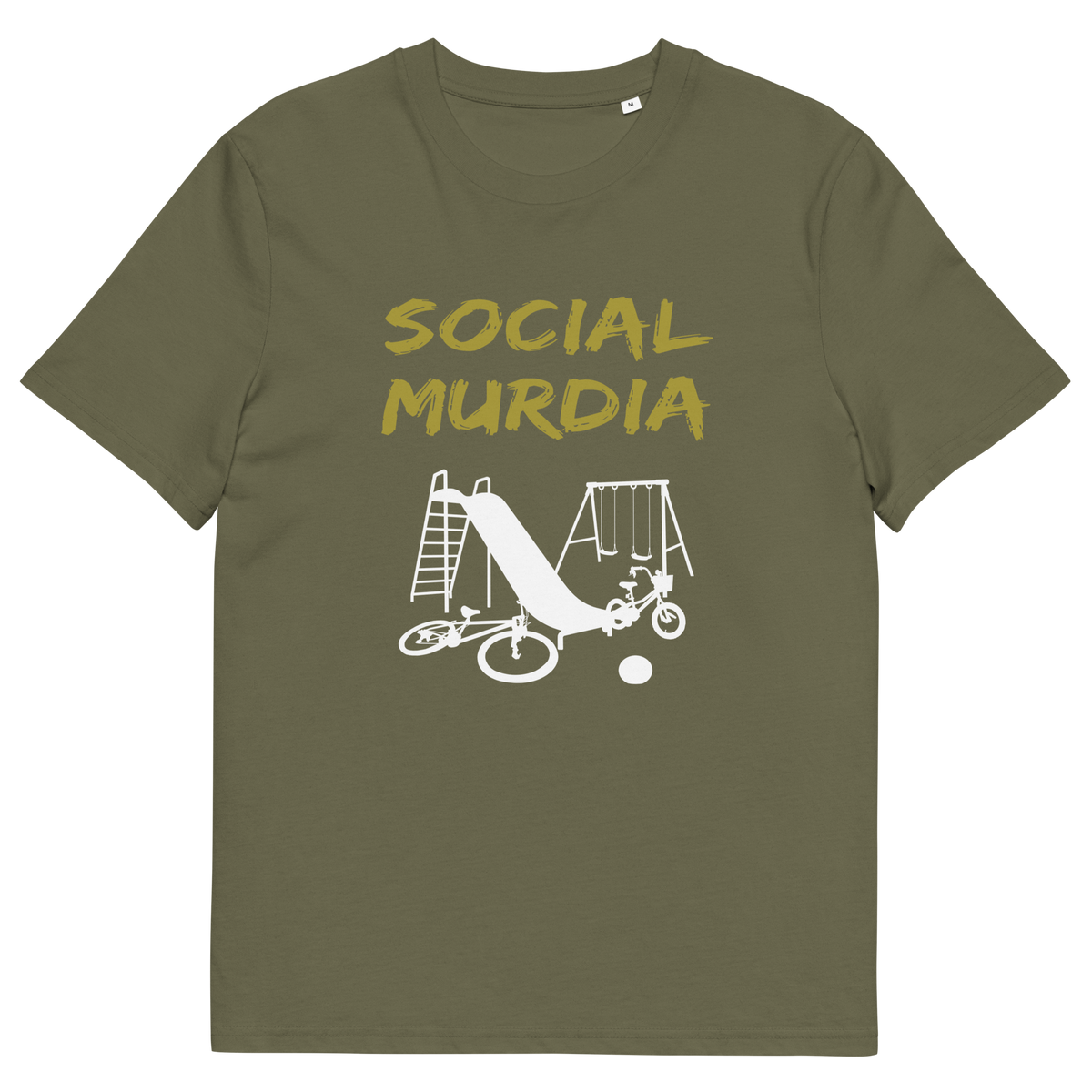 A khaki t-shirt with a silhouette of an empty playground and the text "SOCIAL MURDIA".