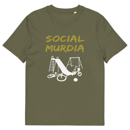A khaki t-shirt with a silhouette of an empty playground and the text "SOCIAL MURDIA".