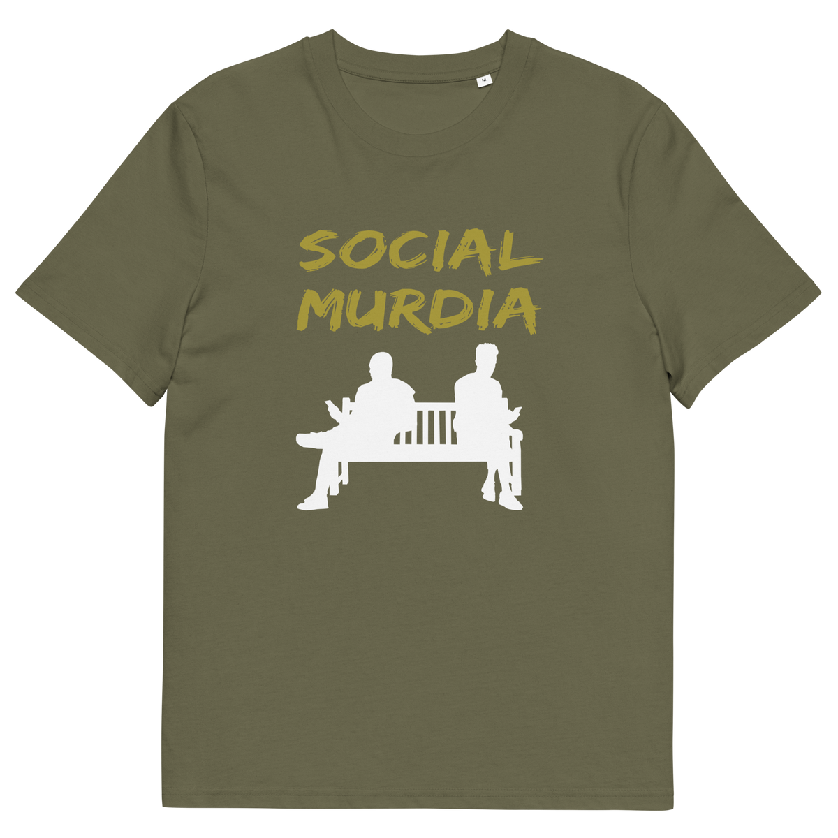 A khaki t-shirt with a graphic print on the front. The print features the words 'SOCIAL MURDIA' in a textured mustard yellow font above a white silhouette of two people sitting on a bench.