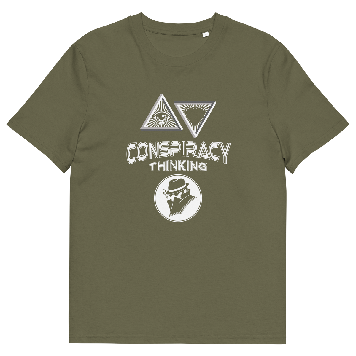 An khaki green short-sleeve t-shirt with a white graphic print on the front. The graphic features two triangles enclosing eyes and a heart, the words 'CONSPIRACY THINKING' in a distressed stencil font, and a circular logo of a man in a fedora and suit.
