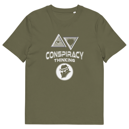 An khaki green short-sleeve t-shirt with a white graphic print on the front. The graphic features two triangles enclosing eyes and a heart, the words 'CONSPIRACY THINKING' in a distressed stencil font, and a circular logo of a man in a fedora and suit.
