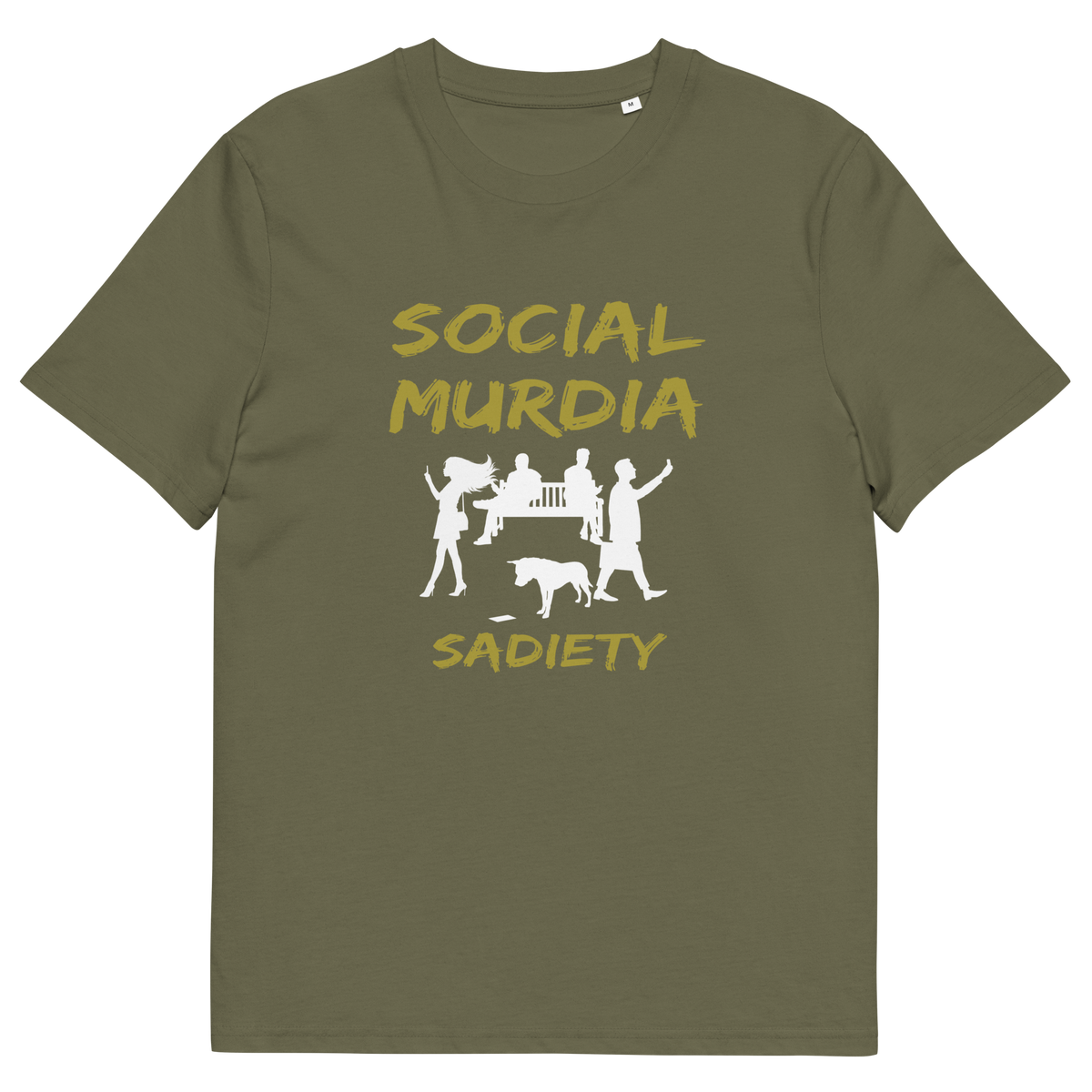 An khaki green short-sleeve t-shirt with a graphic print on the front. The print features the words 'SOCIAL MURDIA' in a textured gold font, a white silhouette of a group of people on smartphones and a dog, and the word 'SADIETY' in the same gold font below.