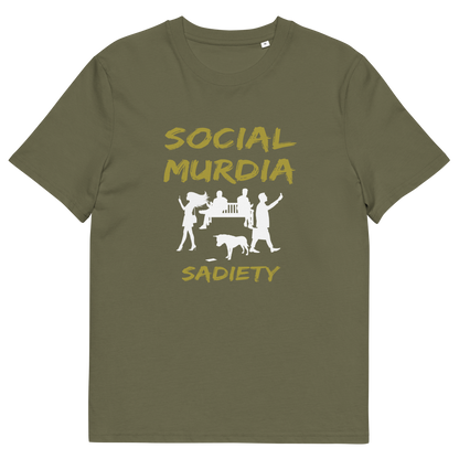 An khaki green short-sleeve t-shirt with a graphic print on the front. The print features the words 'SOCIAL MURDIA' in a textured gold font, a white silhouette of a group of people on smartphones and a dog, and the word 'SADIETY' in the same gold font below.