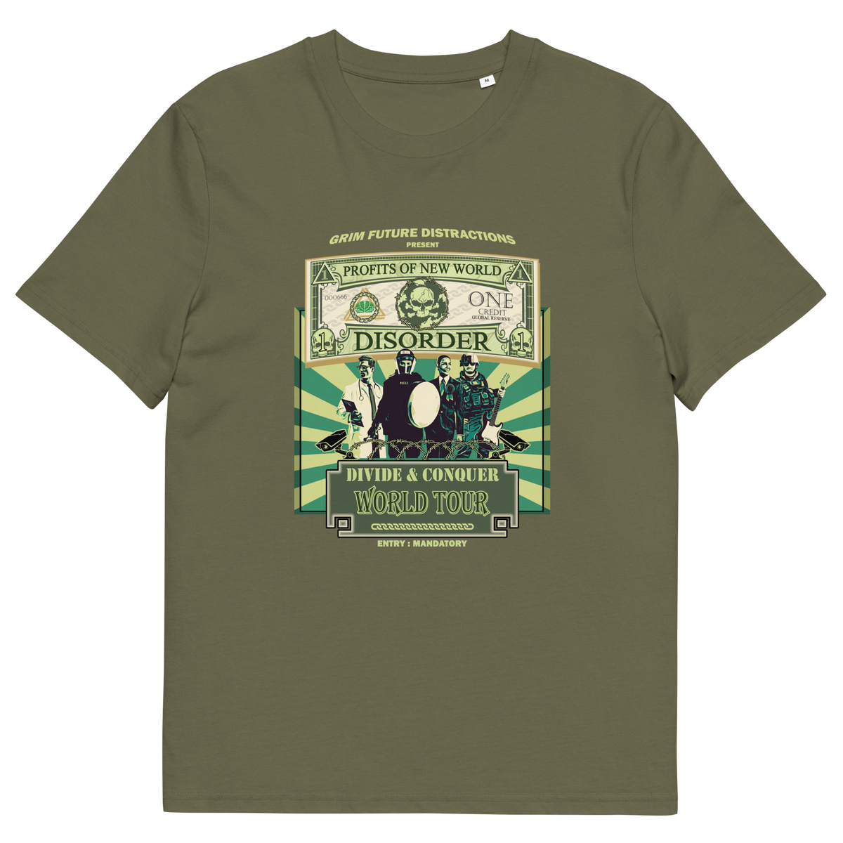 A khaki green t-shirt with a spoof world tour design of a band called "PROFITS OF NEW WORLD DISORER".