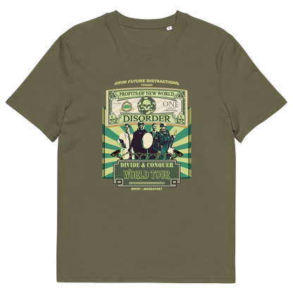 A khaki green t-shirt with a spoof world tour design of a band called "PROFITS OF NEW WORLD DISORER".