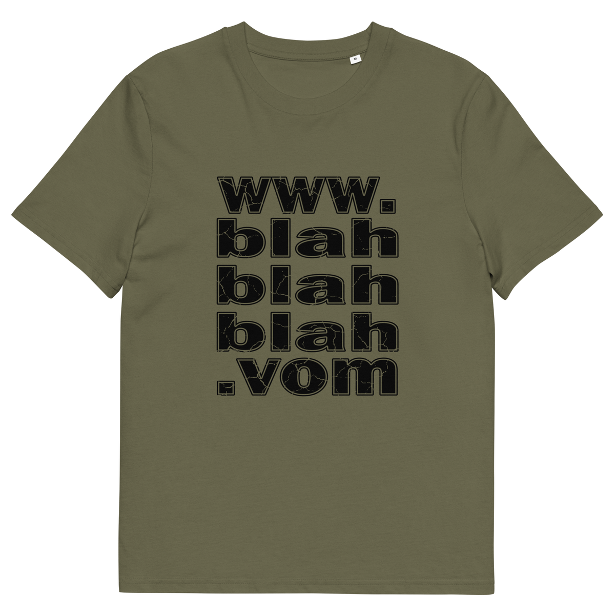 Khaki t-shirt with "www.blahblahblah.vom" text design.