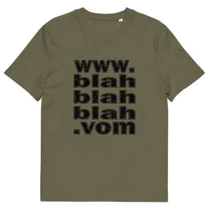Khaki t-shirt with "www.blahblahblah.vom" text design.