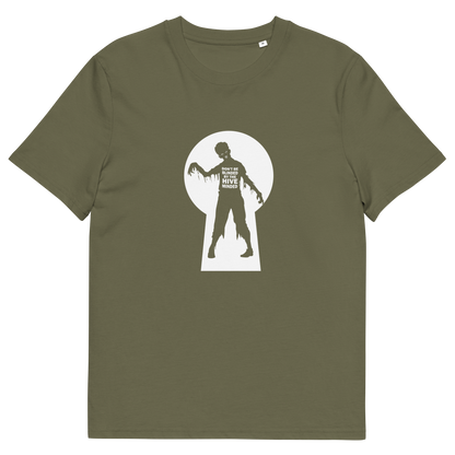 A khaki green  short sleeved t-shirt with a zombie through a key hole design with "DON'T BE BLINDED BY THE HIVE MINDED" text.