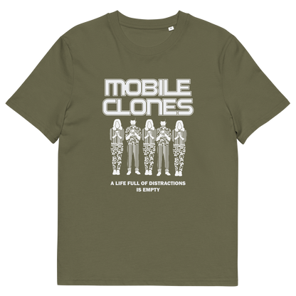 A khaki green short-sleeve crewneck t-shirt featuring a white graphic print on the front. The graphic displays the text 'MOBILE CLONES' above five stylized figures, with the phrase 'A LIFE FULL OF DISTRACTIONS IS EMPTY' below.