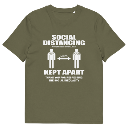 A khaki green short-sleeve crewneck t-shirt with a white graphic print on the front. The graphic features the text 'SOCIAL DISTANCING' and 'KEPT APART' with stick figures representing the recommended distance, labelled 'MILES'.