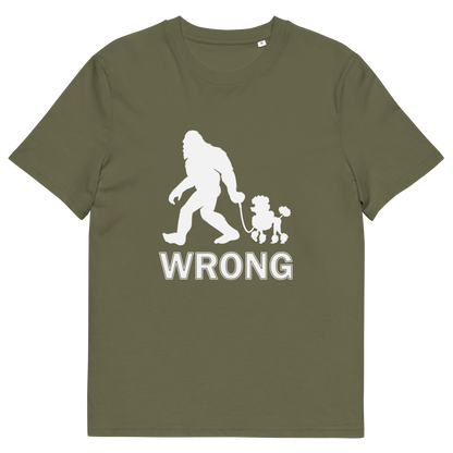 A khaki green, short sleeved, crew necked t-shirt with a white print graphic of bigfoot leading a poodle dog and the text "WRONG" written underneath,