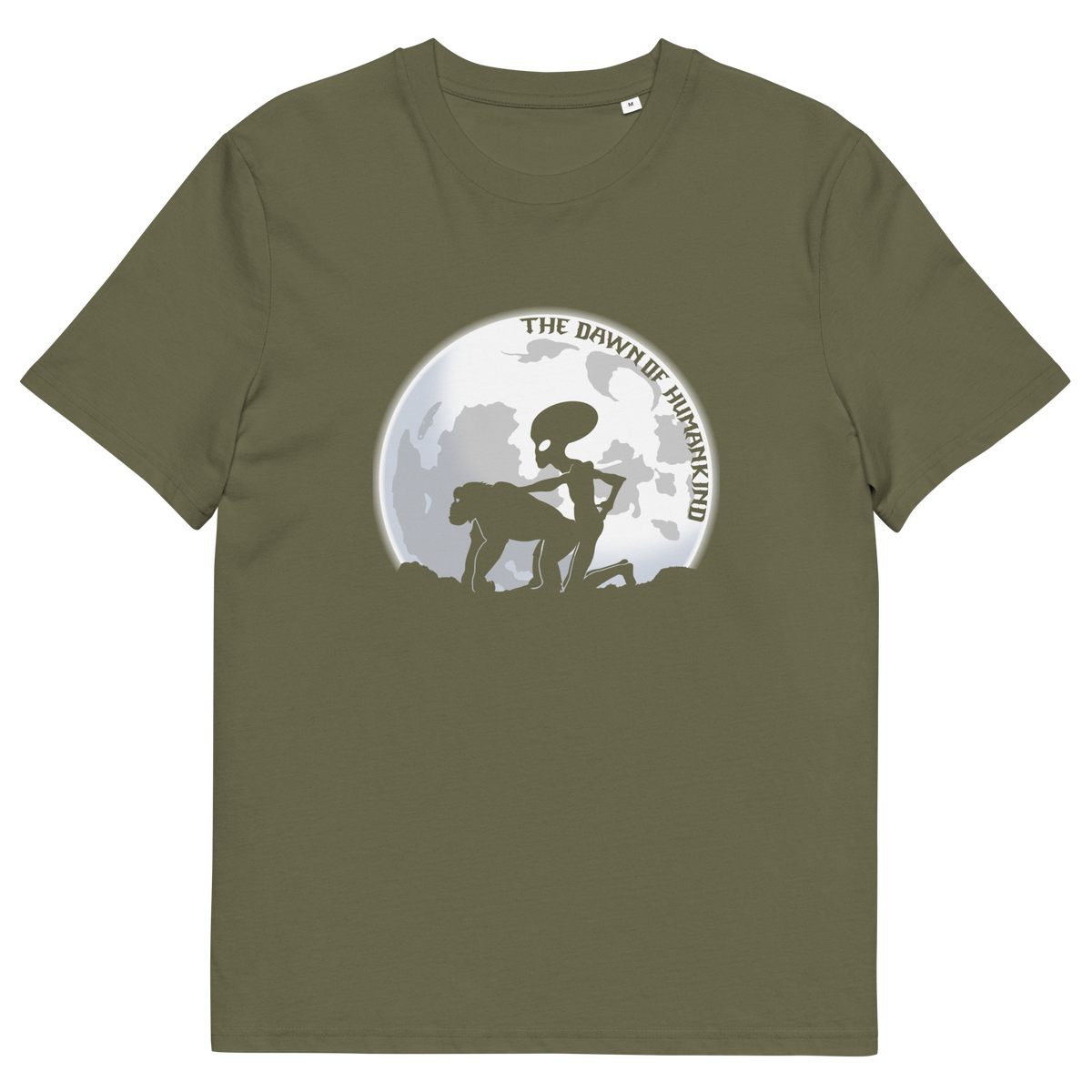 A khaki green, short sleeved, crew neck t-shirt with the silhouette of an alien and a monkey in front of the moon with the text "THE DAWN OF HUMANKIND".