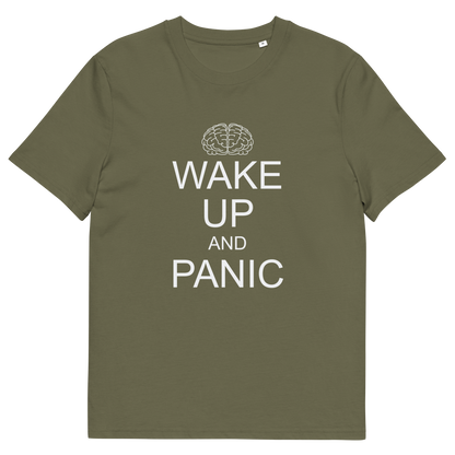 A khaki green, short sleeved, crew neck t-shirt with a white graphic text "WAKE UP AND PANIC".