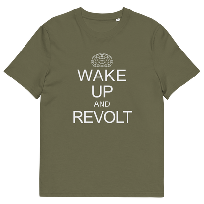 A khaki green  short-sleeve crewneck t-shirt with a white graphic print on the front. The print features a simple line-art brain icon above the text 'WAKE UP AND REVOLT' in a bold, sans-serif font, styled like the classic 'Keep Calm' poster.