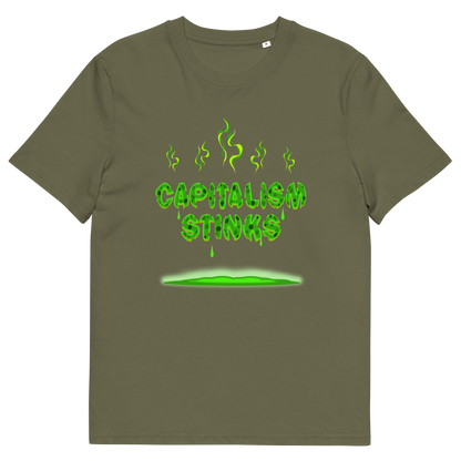 A khaki green short sleeved crew neck t-shirt with "CAPITALISM STINKS" printed in a mouldy green cheese style.