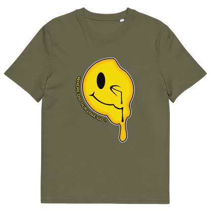 A khaki green  short sleeved crew neck t-shirt with a yellow dripping smiley face and the text "WHERE DID OUR LOVE GO?".