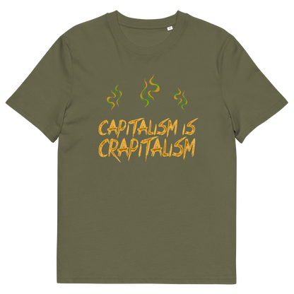 A khaki green short sleeved crew neck t-shirt With the graphic text saying "CAPITALISM IS CRAPITALISM" with whiffs of vapor above it.