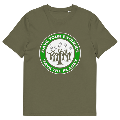 A khaki green short sleeved crew neck t-shirt with "SAVE YOUR EXCUSES, SAVE THE PLANET" text written around burning tree stumps.