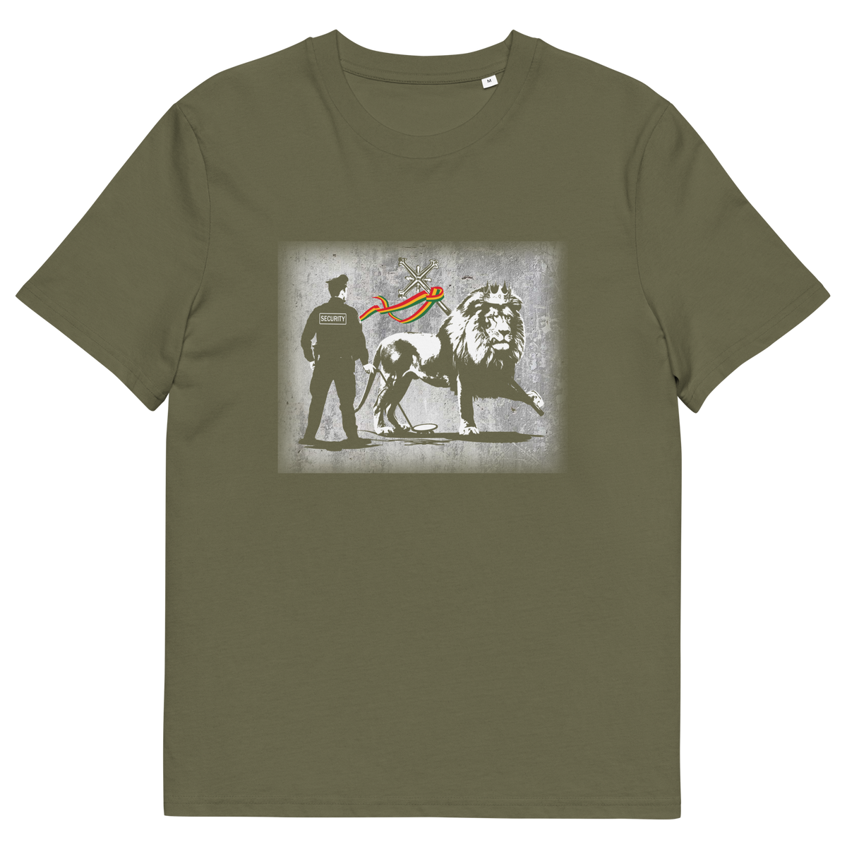 A khaki short sleeved crew neck t-shirt with a graffiti stencil design of a security guard checking the underside of the Lion of Judah for explosives.