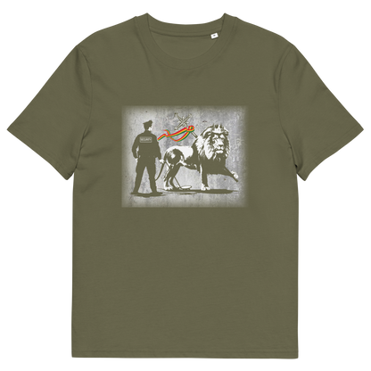 A khaki short sleeved crew neck t-shirt with a graffiti stencil design of a security guard checking the underside of the Lion of Judah for explosives.