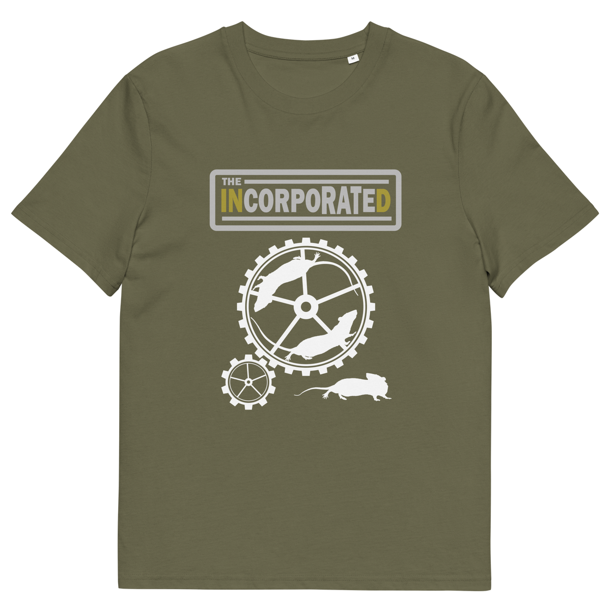 A khaki green short sleeved crew neck t-shirt with a text heading of " The Incorporated" above an image of rats running around a wheel.