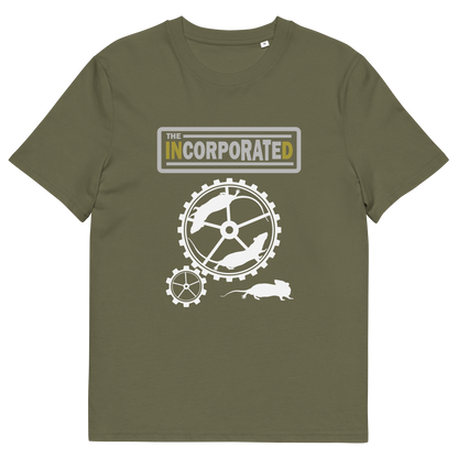 A khaki green short sleeved crew neck t-shirt with a text heading of " The Incorporated" above an image of rats running around a wheel.