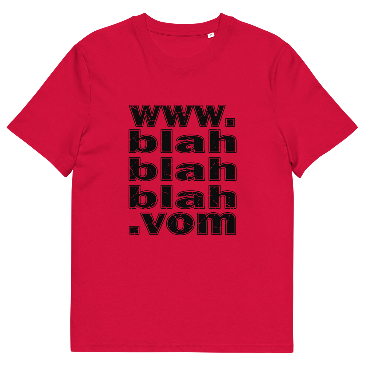 Red t-shirt with "www.blahblahblah.vom" text design.