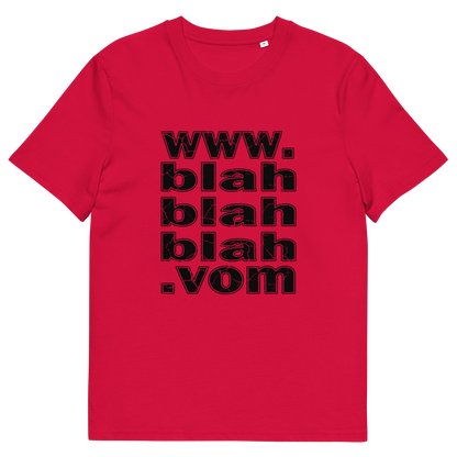 Red t-shirt with "www.blahblahblah.vom" text design.