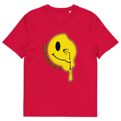 A red short sleeved crew neck t-shirt with a yellow dripping smiley face and the text "WHERE DID OUR LOVE GO?".
