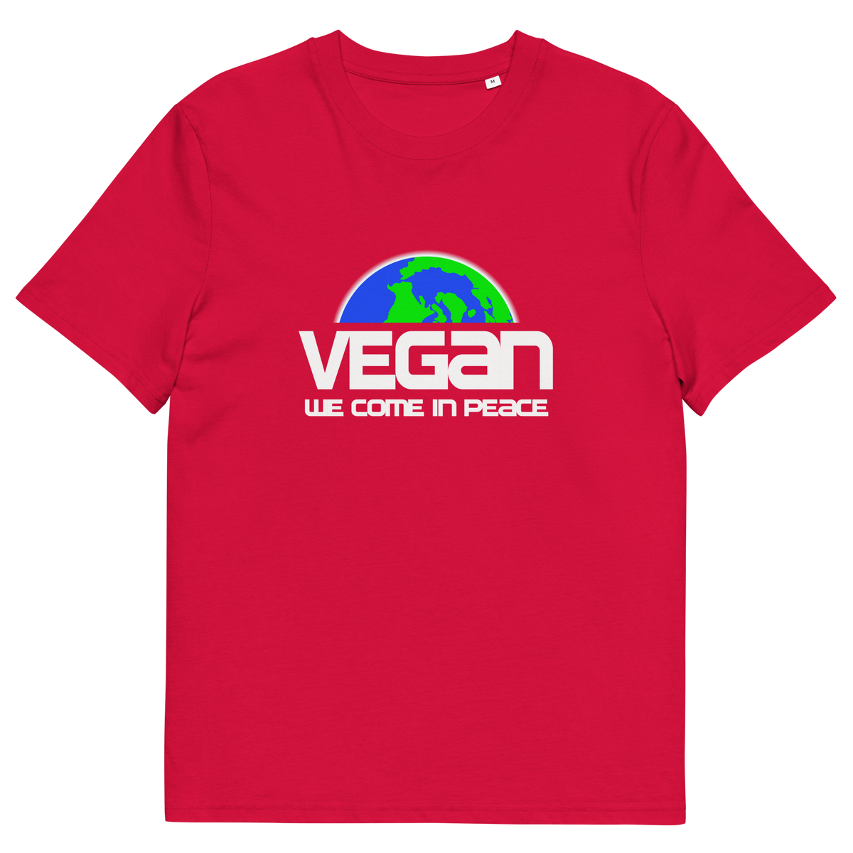 A red short sleeved crew neck t-shirt with a graphic of half a globe with the text "VEGAN WE COME IN PEACE" under it.