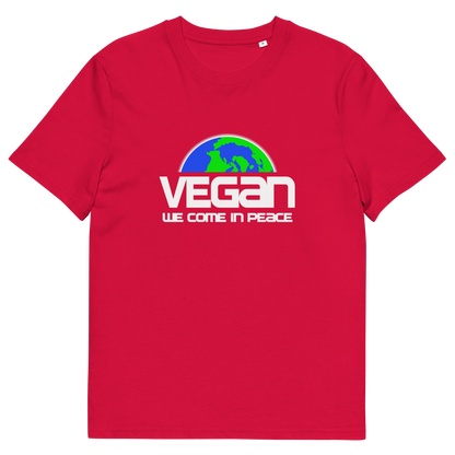 A red short sleeved crew neck t-shirt with a graphic of half a globe with the text "VEGAN WE COME IN PEACE" under it.