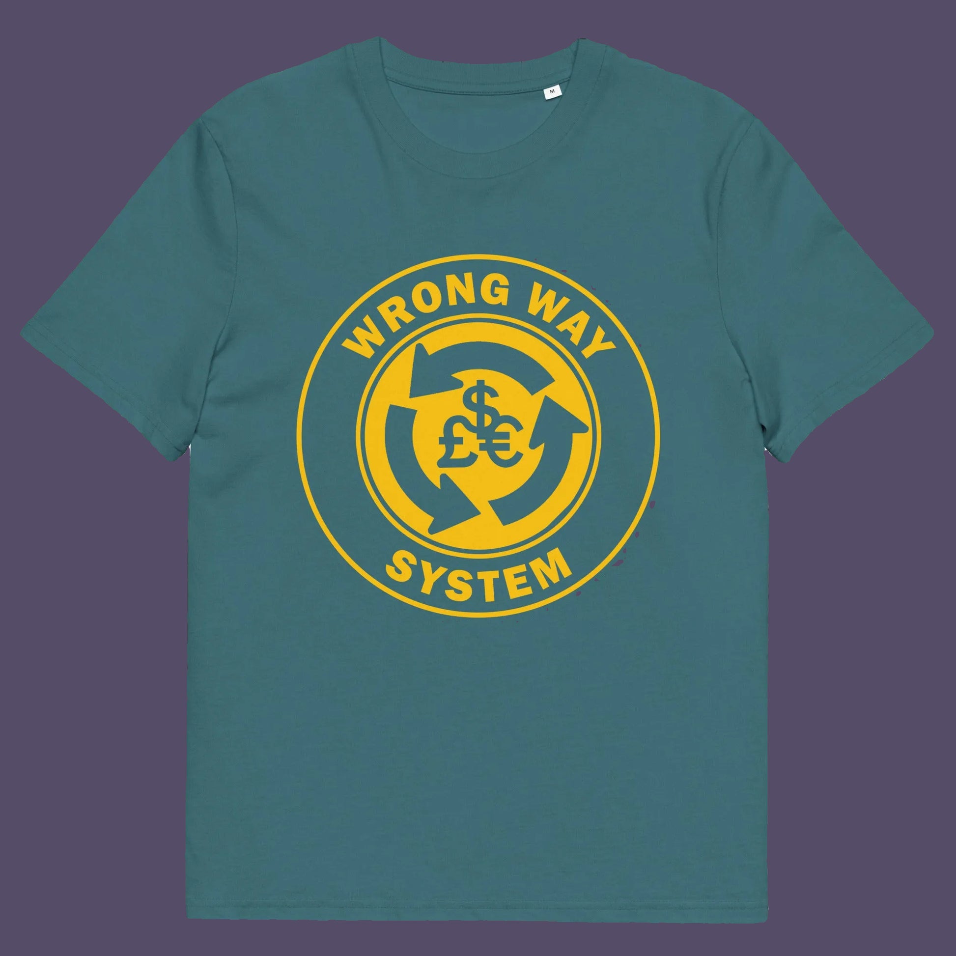 Stargazer t shirt. A non conformist t shirt in the form of a road sign reminder that it's possibly not been the best idea to build our society around money. Wrong direction, change the system ! Made from 100% organic ring-spun cotton, this social awareness t shirt is unisex, high-quality, super comfy, and best of all, eco-friendly. A great choice for an anti capitalist socio economic demonstration.