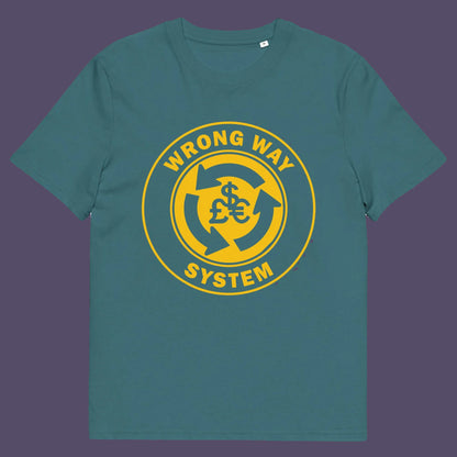 Stargazer t shirt. A non conformist t shirt in the form of a road sign reminder that it's possibly not been the best idea to build our society around money. Wrong direction, change the system ! Made from 100% organic ring-spun cotton, this social awareness t shirt is unisex, high-quality, super comfy, and best of all, eco-friendly. A great choice for an anti capitalist socio economic demonstration.